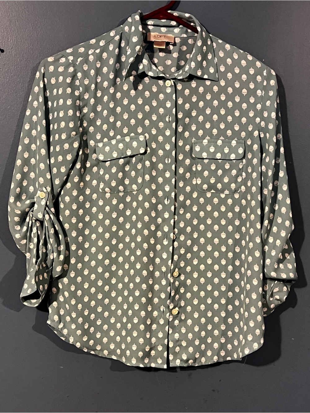 LOFT Green Acorn-Print Petite Blouse